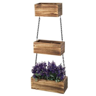 China Durable 3-Tier Plant Material Rectangular Wooden Boxes With Black Metal Chains Burnt Wood Hanging Planters For Indoor Plants for sale