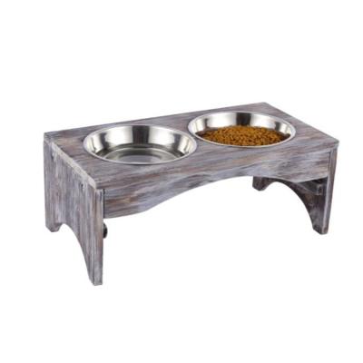 China High Quality Sustainable High Feeding Wooden Dog Cat Food Bowls Stand Feeder Double Pet Solid Wood Water Food for sale