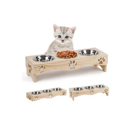 China Sustainable Wooden Elevated Inclined Feeding Bowl Pet Food And Water Bowl With Adjustable Wooden Rack for sale