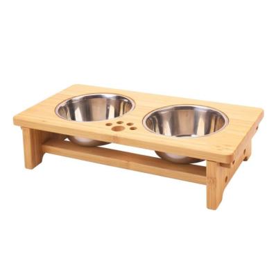 China Sustainable Raised Dog Bowls Wood Raised Dog Cat Feeder Durable Wooden Dog Cat Food Bowl Stand Bamboo for sale