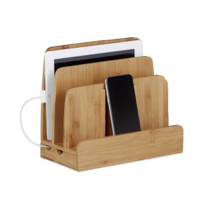 China Brown Adjustable Desk Organizer Natural Wood Phone Holder Dock With 3 Shelves Bamboo Docking Station for sale