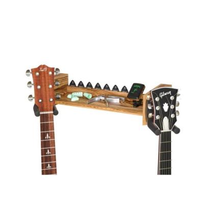 China Viable Wall Mounted Wooden Guitar Hook Rack with Shelf and Pick Rack Guitar Wall Hangers with 2 Brackets for sale