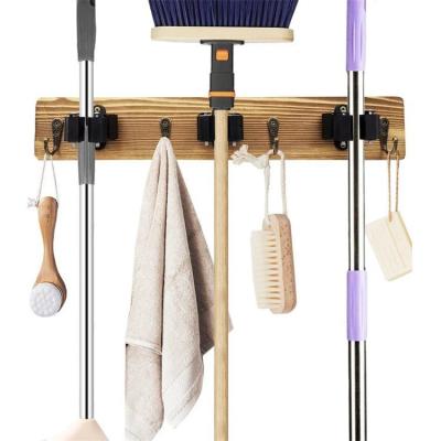 China Heavy Duty Tools Sustainable Hanger Organizer Bathroom Kitchen Broom and Broom Holder Wooden Wall Mount for sale