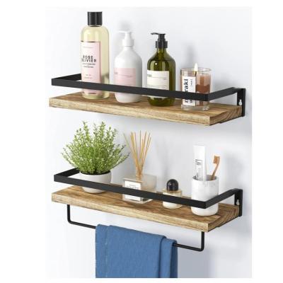 China Adjustable (Other) Set of 2 Bathroom Wall Mounted Wooden Shelf Storage Spice Kitchen Floating Shelves with Towel Rack for sale