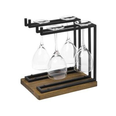 China Sustainable Countertop Wine Glass Stemware Rack Rack With Industrial Black Metal Double Holders And Rustic Wood Base for sale