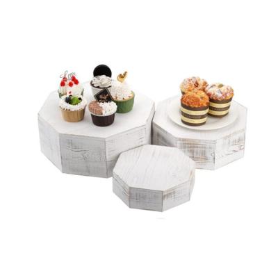 China Disposable Set of 3 Bleached Jewelry Display Storage Box Wood Display Octagon Shabby Cupcake Stand for sale