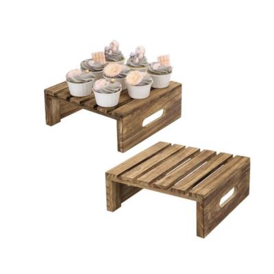 China 2 Set Brown Rustic Wooden Cupcake Display Rack Disposable Riser Stands Burnt Wood Cake Stand for sale