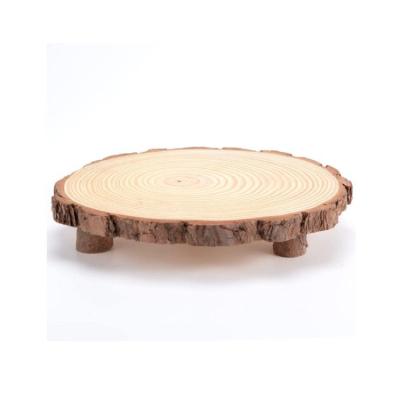 China Disposable Wooden Large Slice Decor Rustic Wedding Cake Serving Tray Cheese Board Round Wood Cake Stand With Legs for sale