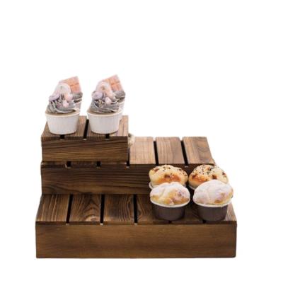 China Vintage Disposable Wooden Cupcake Fruit Dessert Display Wooden Rustic Cake Stand Wooden Cupcake Display Boxes With Rope Handles for sale