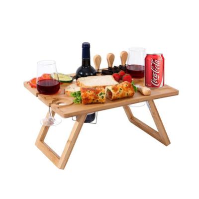 China Eco-friendly Portable Picnic Table Wine Tray Foldable Bamboo Picnic Table With Bottle And Glass Holder for sale