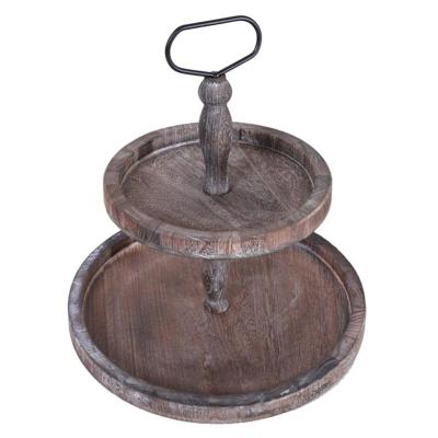 China Eco-Friendly Farmhouse Decor Dark Brown Wooden Tiered Cake Stand Two Tier Tray With Metal Round Handle for sale