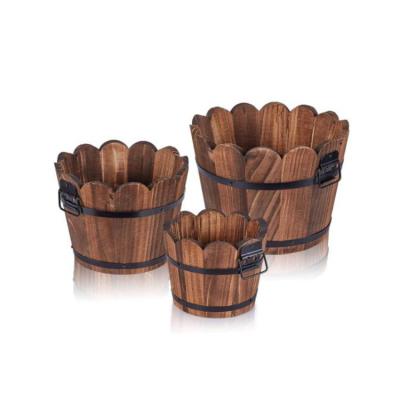 China Indoor Rustic Patio Plants Flower Pots Wooden Bucket Barrel Wooden Planters Decor Durable Material for sale