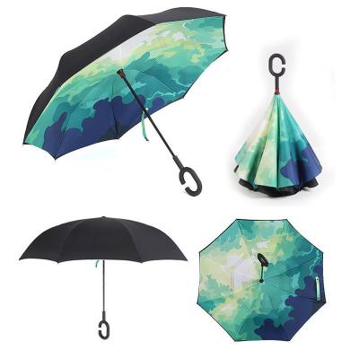 China CLASSIC Manual Reverse Open Golf Umbrella Double Layer Straight Umbrella With Flower Printed For Gift And Advertising Customized Design for sale