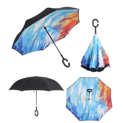 China CLASSIC Double Canopy Reverse Straight Umbrellas With C Shape Handle For Cars And Women UV Protection Sunshade for sale