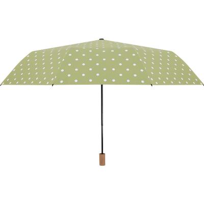 China CLASSIC Dot Printing 3 Fold Umbrella Portable Parasol With UPF 50+ Wood Handle Handsome Gift for sale