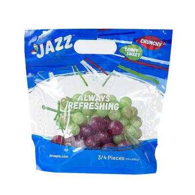 China Recycled Materials Pattern Custom Recyclable Size OPP/CPP Handle Fruit Packaging Clear Die Cut Bag With Zipper Air Hole for sale