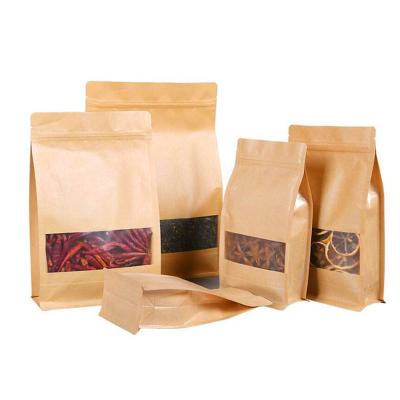 China Flat Bottom Biodegradable Clear Window Kraft Paper Snack Tea Coffee Bean Packaging Moisture Proof Customized Ziplock Bag for sale