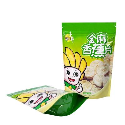 China Recycled Custom Green Lamination Materials Heat Seal Zipper Aluminum Foil Holder Up Banana Chips Packaging Plastic Pouch Bags for sale