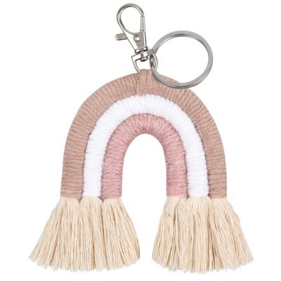 China Custom Metal Women Bag Handmade Woven Decor Tassel Boho Macrame Rainbow Pendant Key Chain for sale