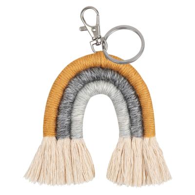 China Custom Metal Women Bag Handmade Woven Decor Tassel Boho Macrame Rainbow Pendant Key Chain for sale