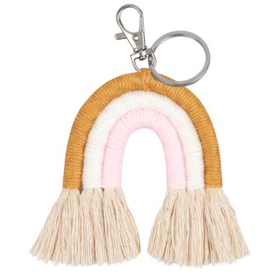 China Custom Metal Women Bag Handmade Woven Decor Tassel Boho Macrame Rainbow Pendant Key Chain for sale