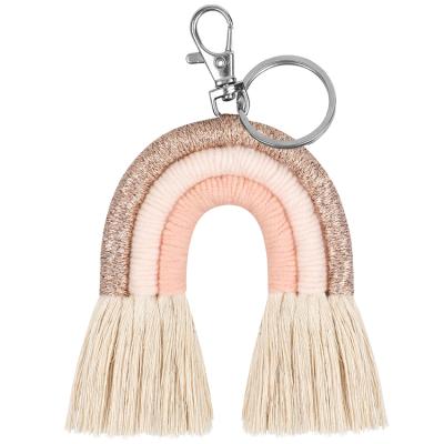 China Leather Custom Women Bag Decoration Key Chain Handmade Woven Tassel Boho Macrame Pendant Rainbow Ornaments Key Chain for sale