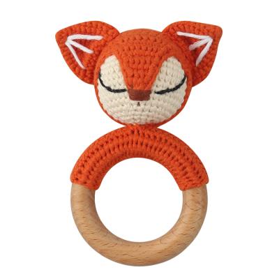 China Toy Organic New Design Handmade Soft Weave 1 PC Wooden Fox Animal Ring Wood Teether For Baby for sale