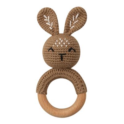 China BPA Free New Design Handmade Weave 1 PC Animal Rabbit Ring Wood Bracelet Teether Baby Teether Rattle for sale