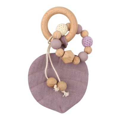 China Soft Toy Baby BPA Free Cotton Leaves Teethers Beech Wooden Weave Beads Ring Baby Teethering Toy Teethers for sale