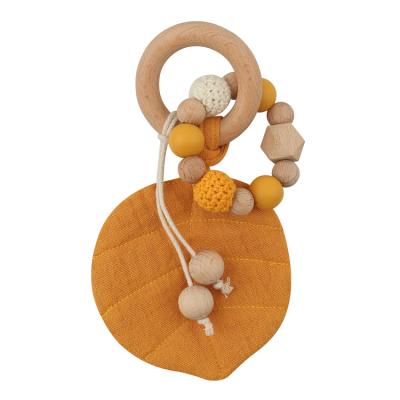 China BPA Free Baby BPA Free Cotton Leaves Teethers Beech Wooden Weave Beads Ring Baby Teethering Toy Teethers for sale