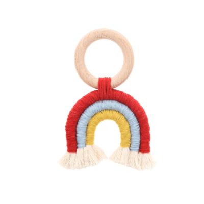 China BPA Free Teething Toys Safety Wooden Rainbow Crochet Teether Rings Baby Care Baby Shower Accessory Gifts for sale