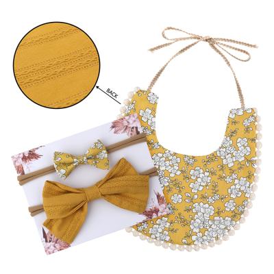 China Hot Sale BPA Free Baby Cotton Lace Bibs With Bow Headband Set For Girls 3 Pcs In One Set for sale