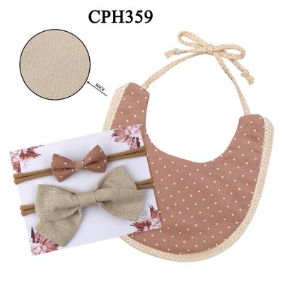 China BPA Free Hot Sale Baby Cotton Bib With Bow Headband Set For Girls 3 Pcs In One Set for sale