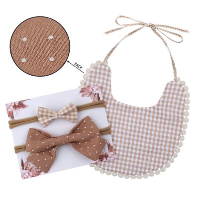 China BPA Free Hot Sale Baby Cotton Bib With Bow Headband Set For Girls 3 Pcs In One Set for sale