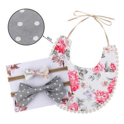 China BPA Free Hot Sale Baby Cotton Bib With Bow Headband Set For Girls 3 Pcs In One Set for sale