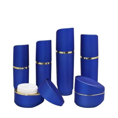 China Cosmetic best quality skin care container dark blue bottle formakeup cosmetic jars packaging set for sale