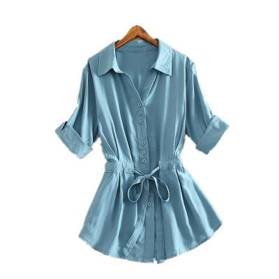 China Anti-wrinkle summer style new plus size women's short sleeve all-match shirt collar slim fit front buckle belt casual dress for sale