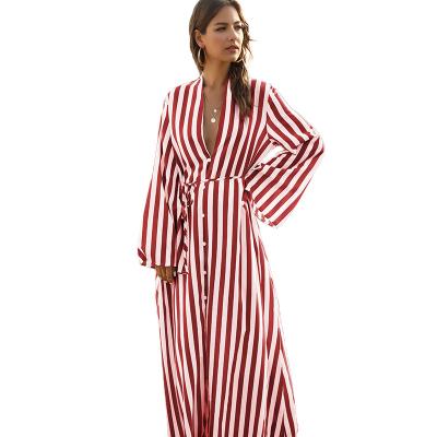 China Anti-wrinkle hot sale fashion ladies springs new style women straight striped long shirt casual outfits for sale