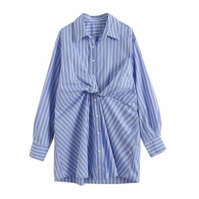 China New Design Lapel Stripe Spring Women Casual Loose Sleeve Blouse Dress High Quality Early Irregular Skirt Wholesale Breathable Long Shirt for sale