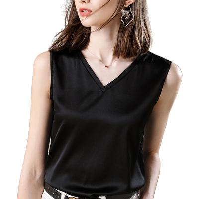 China Elegant Solid Color Summer Women Vest Anti-pilling Shirt Loose Bottom Sleeveless Short Silk V-Neckline With Straps Ladies Tank Tops for sale