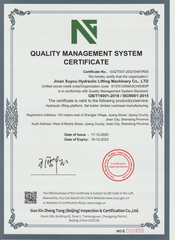 ISO9001 - Jinan Xuyou Hydraulic Lifting Machinery Co., Ltd.