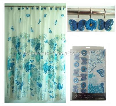 China Sustainable Butterfly Print Shower Curtain With Matching Window Curtain for sale