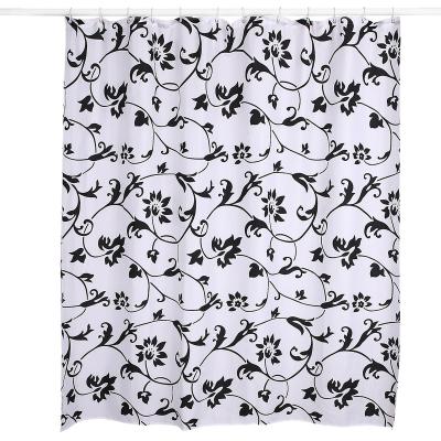 China Durable Black Leaf Waterproof Bathroom Shower Curtain With Plastic C Hooks Set Of 13 for sale