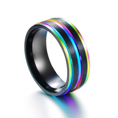 China CLASSIC 8mm Black With Rainbow Colorful High End Household Men's Titanium Steel Ring Wholesale Jewelry for sale