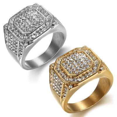 China CLASSIC Luxury Hip Hop Full Diamond Gold Plated 316 Stainless Steel Ring Men's Diamond Ring Gold for sale