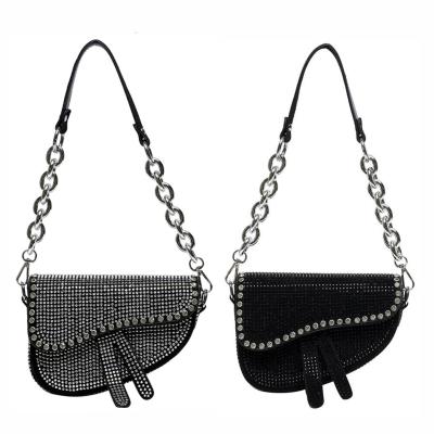 China Lady Wholesale Women Diamond Rhinestone Purses Bling Shoulder Bags Saddle Handbags for sale