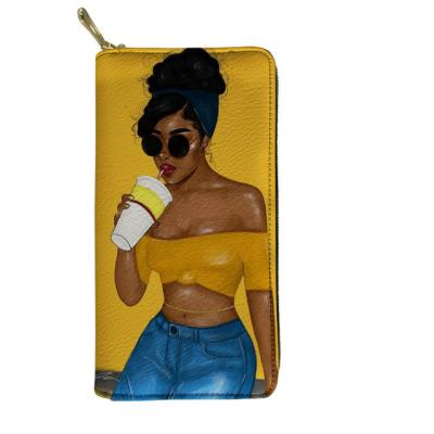 China Customized Ladies Purses On Demand Leather Wallets Anti-theft Women Wallet Card Art Afro Girls Printed Black Clutch Dropship Print Pu Long for sale