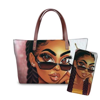 China 2021 High Quality Hot Selling Art American African Girls Fashion Black Set Totes&Purse With Leather Purse Logo Women Handbags Custom Made for sale