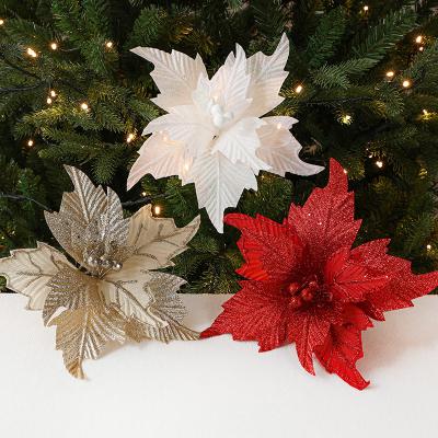 China Environmental Friendly Glitter Artificial Christmas Flower Xmas Decoration Tree Glitter Poinsettias Christmas Flowers for sale