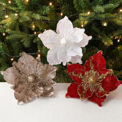 China Environmental Friendly Wholesale Artificial Red xmas flower Christmas Tree Decorations Sequins Christmas Flowers Christmas glitter Flowers for sale